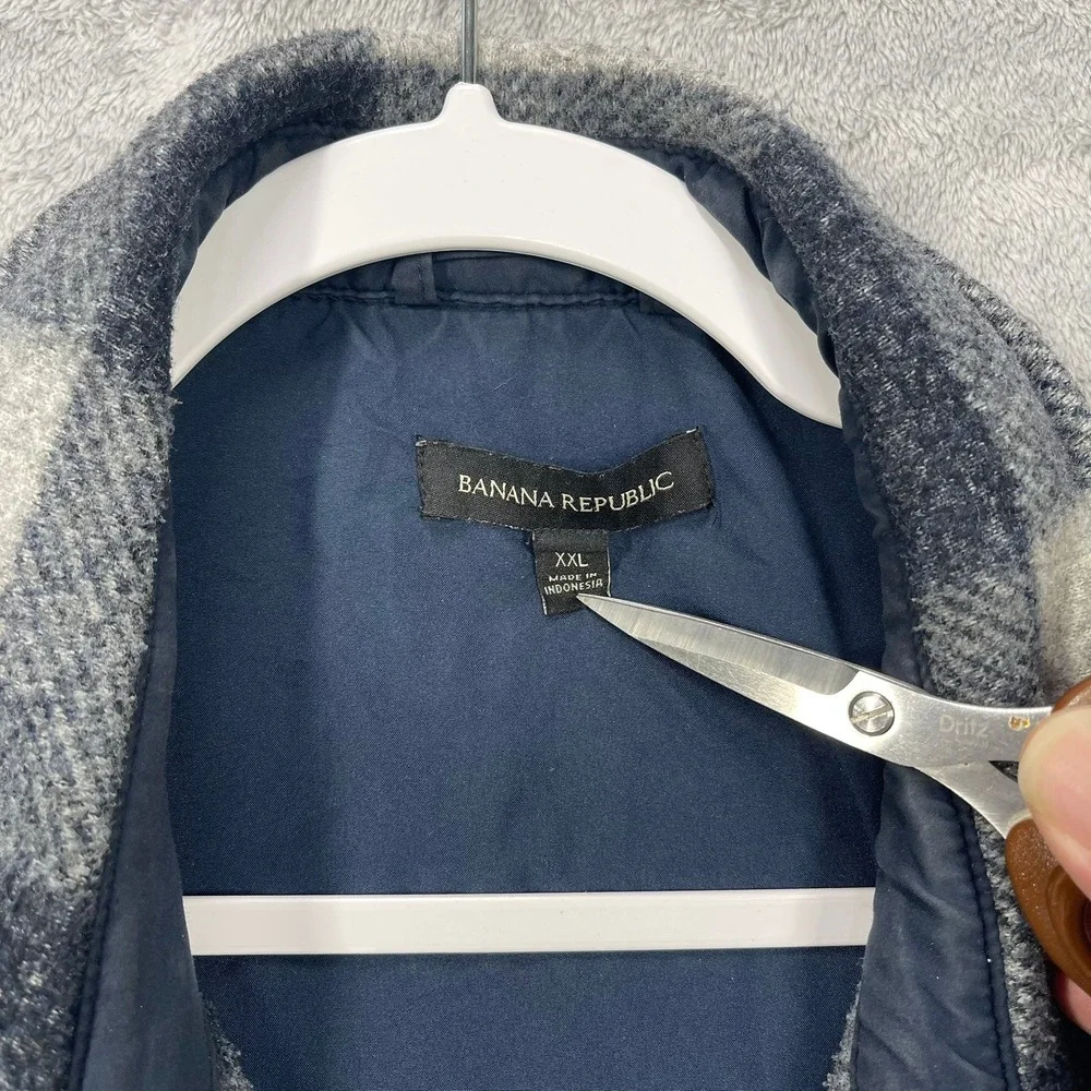 Banana Republic Jacket Mens XXL Grey Blue Buffalo Plaid Wool Blend Shacket READ